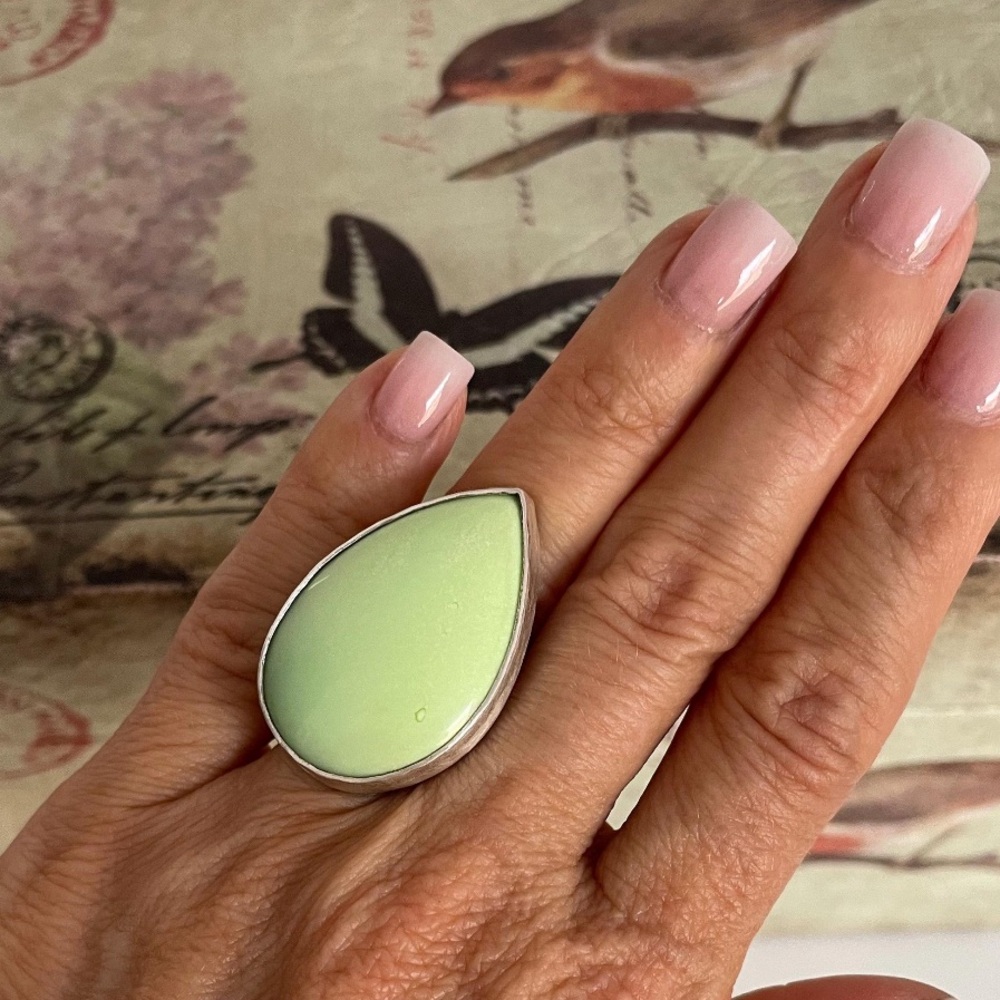 Sterling Silver & Natural Chrysophrase Lime Green Teardrop Ring